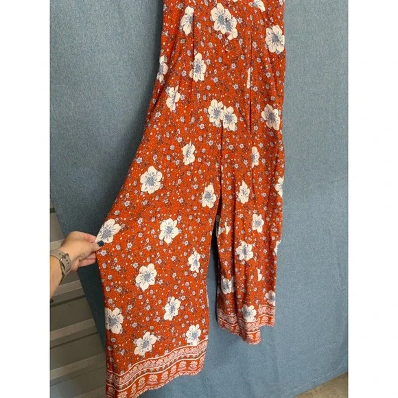 Used Forever 21 L Orange Blue White Floral Print Sleeveless Jumpsuit Jumper - Picture 2 of 12